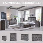 26" Tall Nightstand with Charging Station, Farmhouse 23.6" Wide Large End Table w/Roman Column, Wood Rustic Side Table w/Metal Handle, 3 Drawers Dresser for Bedroom, Living Room, Light Grey
