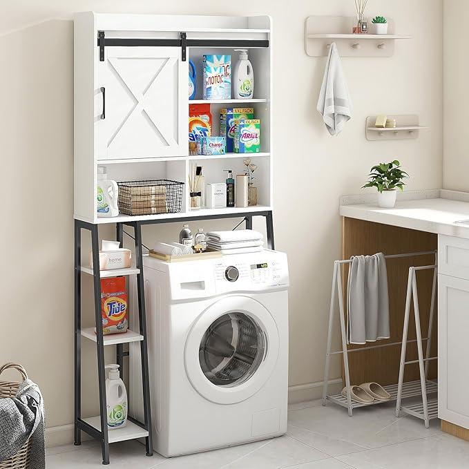 Over The Toilet Storage Cabinet, Farmhouse Storage Cabinet Over Toilet with Sliding Barn Door,Home Space-Saving Toilet Rack, for Bathroom, Restroom, Laundry.(White)