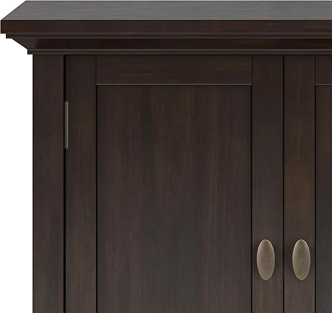 SIMPLIHOME Redmond SOLID WOOD 32 inch Wide Transitional Low Storage Cabinet in Brunette Brown for the Living Room, Entryway and Family Room
