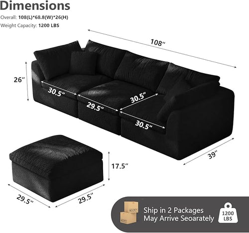 108" Boneless Cloud Couch Modular Sectional Sofa with Deep Seat for Living Room, L Shape Couch with Ottoman, Snowflake Cloth and 40D Memory Sponge，2 Throw Pillows (Black, 3 Seater+1 Ottoman)