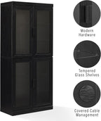 Crosley Furniture Essen Glass Door Kitchen Pantry Storage Cabinet with Doors and Shelves, Living Room, Black