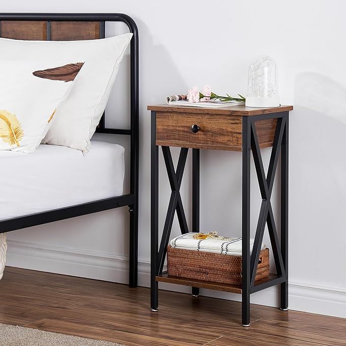 VECELO Tall Nightstand Set of 2,27.6 inch Wooden End Table with Metal X-Frame,Side Table with Drawer and Storage Shelf for Living Room Bedroom Entryway Small Spaces