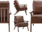 Wahson Brown Leather Mid-Century Modern Accent Chair and Ottoman Set, Retro Upholstered Armchair with Wood Frame and Removable PU Cushions, Large Leisure Slipper Chair for Living Room/Bedroom