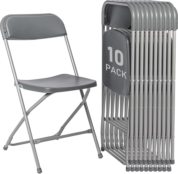 10 Pack Plastic Grey Folding Chairs,Portable Party Chairs Stackable Commercial Seats with Steel Frame for Office Home Outdoor Indoor Wedding Party Patio Dinning Events,350lbs Capacity