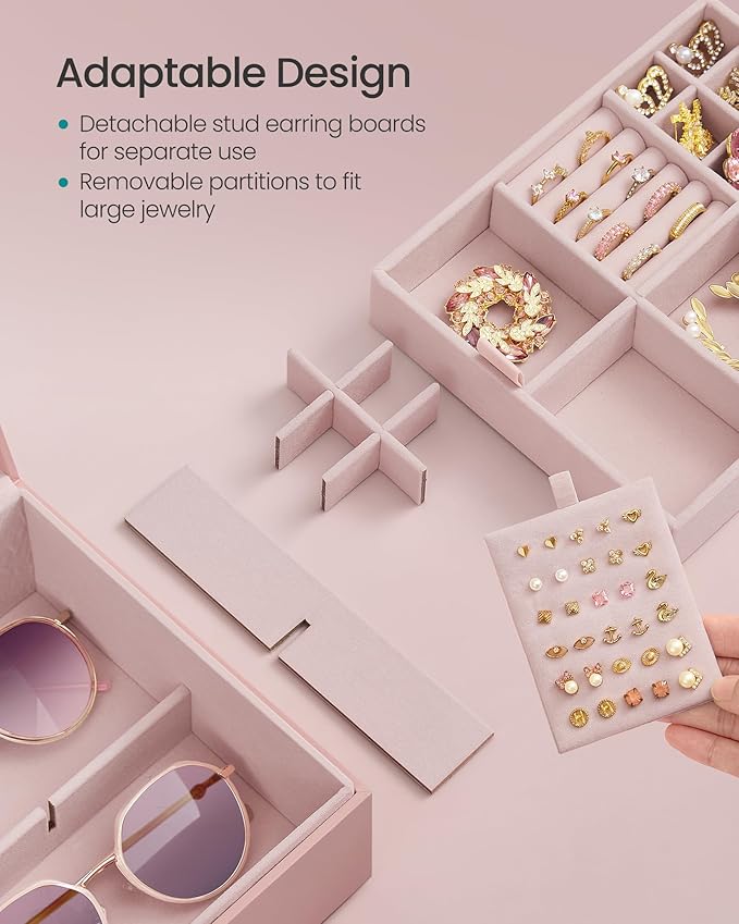 SONGMICS 2-Layer Jewelry Box, Jewelry Organizer with Handle, Removable Jewelry Tray, Jewelry Storage, Floating Effect, 8.1 x 9.4 x 4.3 Inches, Christmas Gift, Jelly Pink UJBC165R01