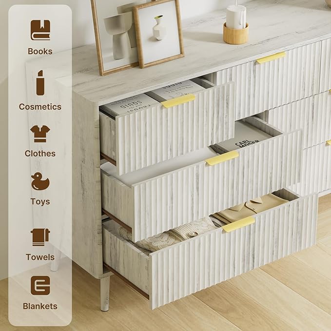 LYNSOM Fluted Dresser and Nightstand Sets 2 Piece, 1-Drawer Nightstands and 7-Drawers Dresser, Wood Bedroom Furniture Set for Home, Bedroom, Hallway, White
