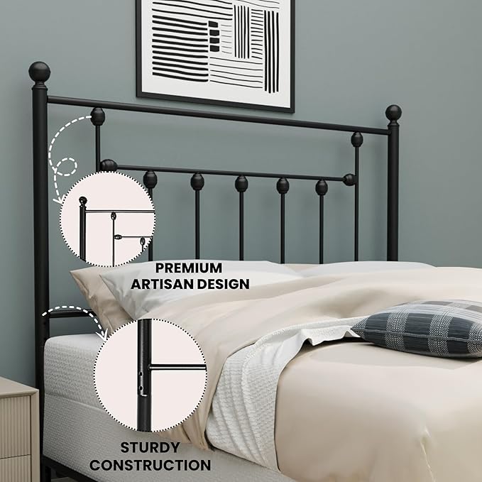 Victorian Metal Headboards, Adjustable Height Iron Frame, Rustic Farmhouse Style, Elegant and Durable Design, Easy Assembly, Universal Fit for Kids & Adults, Queen Size, Black Finish
