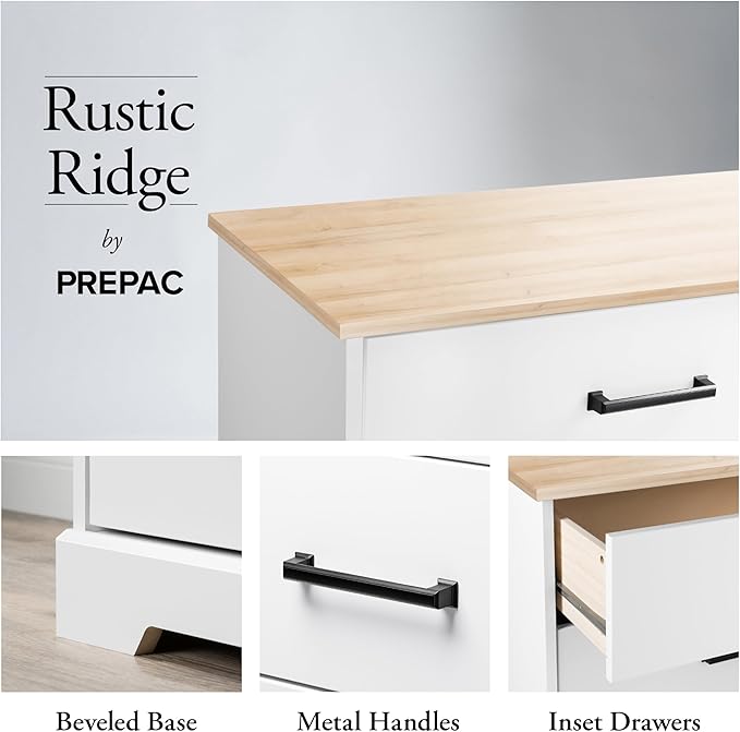 Prepac Rustic Ridge Farmhouse Nightstand Bedside Table, White and Oak Nightstand for Bedroom, End Table with 2 Drawers and Open Shelf 16.25" D x 18.75" W x 24.5" H