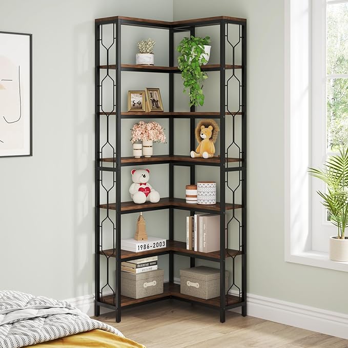 Tribesigns Corner Shelf, 7-Tier Industrial Corner Bookshelf, Wood and Metal Etagere Bookcase, Freestanding Display Shelf for Living Room, Kitchen, Home Office, Rustic Brown