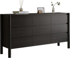 Dresser for Bedroom with 9 Drawers,63" Wide Black Dresser with 4 Solid Wood Legs, Wooden TV Stand,Closet Clothes Organizer for Bedroom, Hallway