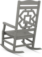 Martha Stewart by POLYWOOD Chinoiserie 3-Piece Outdoor Rocking Chair Set with Patio Side Table, Slate Grey, HDPE All-Weather Furniture, Classic Porch Rockers for Deck, Garden & Backyard, Made in USA