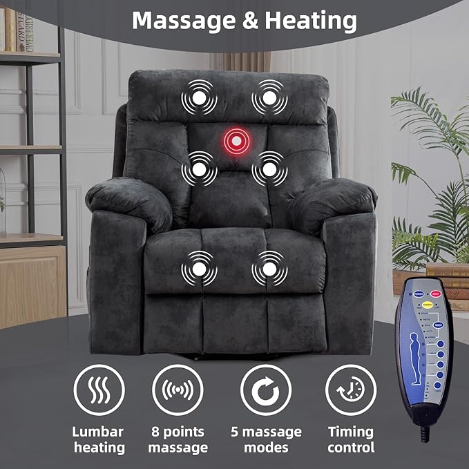 CANMOV Large Power Lift Recliner Chair with Massage and Heat for Elderly Big and Tall People, Overstuffed Wide Recliners with 2 Cup Holders, Side Pocket and USB Port, Grey