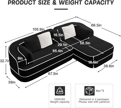 106" Cloud Sectional Sofa, Modern Boneless Couch for Living Room, Deep Seat Comfy Teddy Fabric L Shaped Sofa Chaise, No Assembly Required (Black, 106" L Shape with Right Facing Chaise)