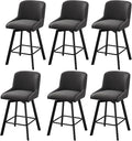 Swivel Counter Height Bar Stools Set of 6, 26''H Upholstered Barstools with Backs, Modern Bar Stool Chairs for Kitchen Island, Metal Legs, Fabric, Black Grey Stools Counter Chair