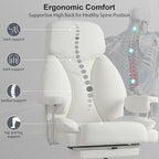 Big and Tall Office Chair, Executive Home Office Desk Chair, Comfy Leather High-Back Reclining Computer Chair with Retractable Footrest and Padded Arms, 360°Swivel Rolling Wheels, Wide Seat, White