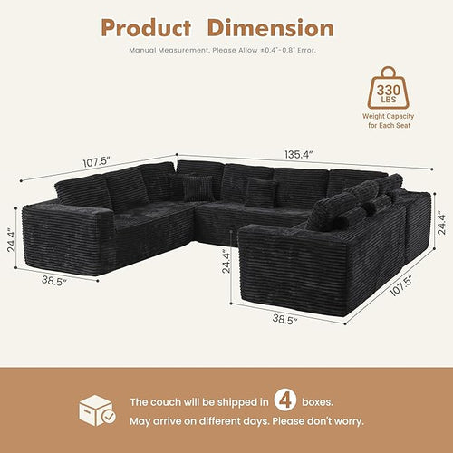 135'' Boneless Sectional Couch, Oversized U Shaped Modular Cloud Couches, Plush Corduroy Memory Foam Deep Seat Floor Sofa for Living Room, No Assembly Required, Black