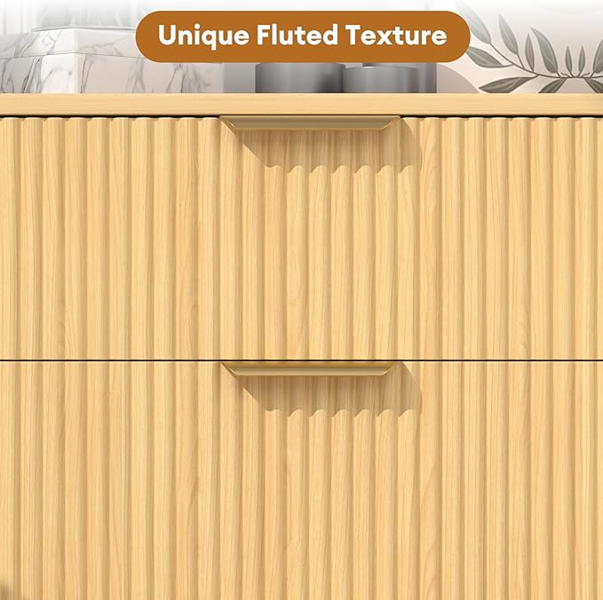 Boho Fluted 6 Drawer Dresser for Bedroom, Chest of Drawers with Solid Wood Legs, Modern Dresser Chest Cabinet Organizer with Golden Handles, Beside Table for Closet, Hallway, Bedroom