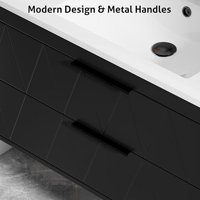 eclife 36" Bathroom Vanities Cabinet with Sink Combo, Wall Mounted Floating Cabinet W/Decor Line, Soft-Close System, 2 Extra Big Drawers, Matte Black Faucet, Black