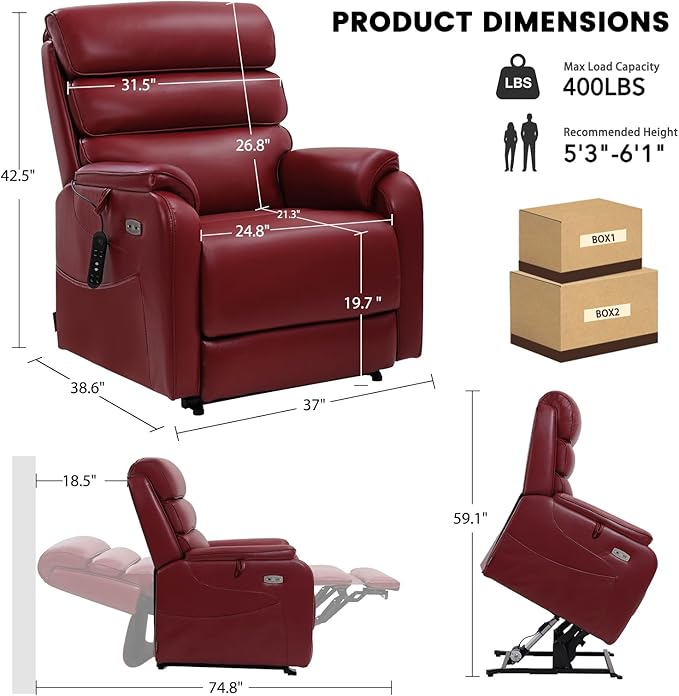 EONIX Wide Lay Flat Power Lift Recliner Chair for Elderly, Heavy Duty Oversized Breathable Faux Leather Lift Chairs Recliner Sofa with Heat and Massage and Charging Ports, Burgundy