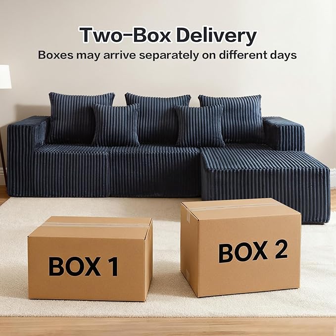 101" Boneless Couches for Living Room, Cloud Couch Sectional with Oversized Chaise, Modular Sectional Sofa Memory Foam Couch in a Box, Fluffy Corduroy Sofa for Living Room (Black)