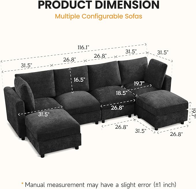 4-Seater Modular Sectional Cloud Sofa with 2 Ottomans, U-Shaped Couch for Living Room, Modern Deep Seat Sofa with Soft Back Cushions, Chenille Dark Grey