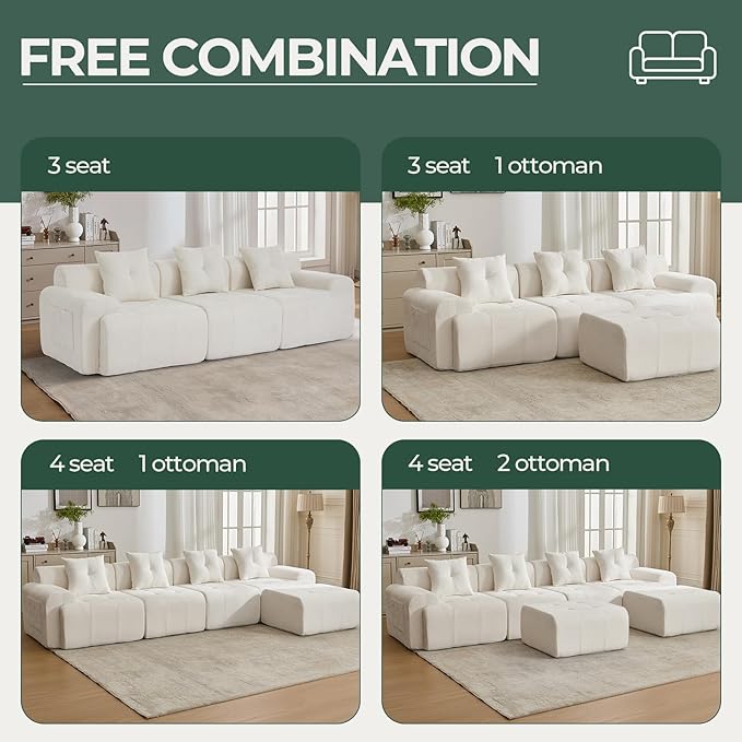 129.23”Modular Sectional Couch for Living Room, Modren L-Shape Cloud Sectional 4-Seater Sofa with 2 Movable Ottomans, Woven Texture Upholstery Boneless Couch, No Assembly, Beige
