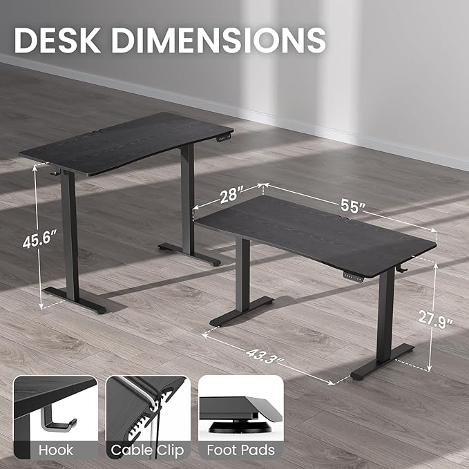 Veken 55 x 28 Inch Electric Standing Desk with Adjustable Height, Sit to Stand Computer Table for Study, Work or Gaming, Home Office Desk Black