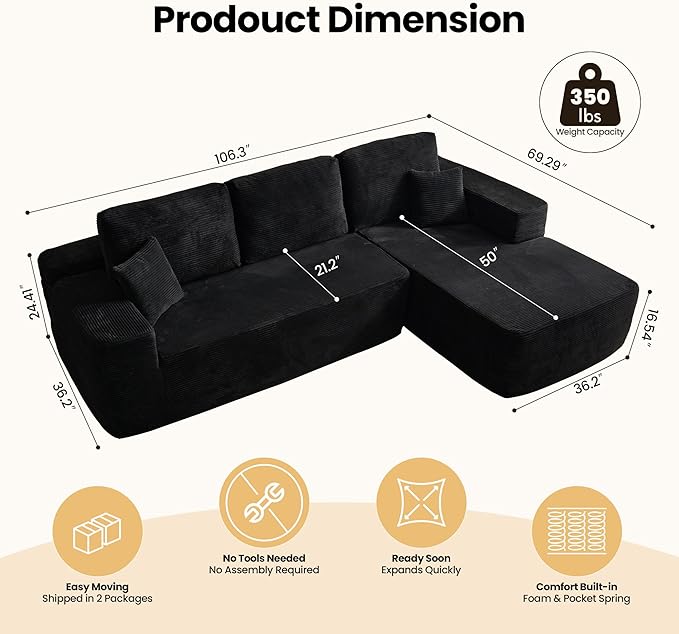 104" Cloud Sectional Couch with Chaise, Boneless L-Shaped Cloud Couch with Deep Seat, Corduroy Modern Minimalist Sofa, Assembly Free Comfy Sofa for Office Living Room Apartment(Black, Right Chaise)