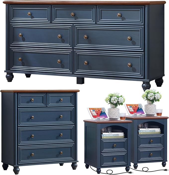 Farmhouse Dressers & Night Stand Set of 4, Wood 54" Wide Dresser & 35" Tall Chest of Drawers, 18" with Charging Station Nightstand Set of 2, Bedroom Furniture Dresser Set for Home Living Room Hallway