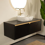48 Inch Bathroom Vanity with Sink, Floating Fluted Vanity with Vessel Sink, Modern Wall Mounted Bathroom Vanity Cabinet with 2 Doors, Oval Marble Vessel Sink & Sintered Stone Top, Black