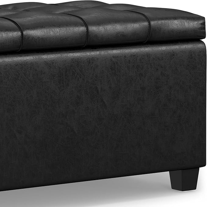 SIMPLIHOME Sienna 33 inch Wide Transitional Rectangle Storage Ottoman Bench in Distressed Black Vegan Faux Leather, Assembled, for The Living Room, Entryway and Family Room