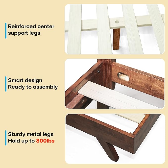 Acacia Harmony King Platform Bed Frame – Solid Rubber Wood, Walnut Finish, Mid-Century Modern Design, Natural Circular Wood Grain, 800lbs Support, No Box Spring Required, Easy Assembly