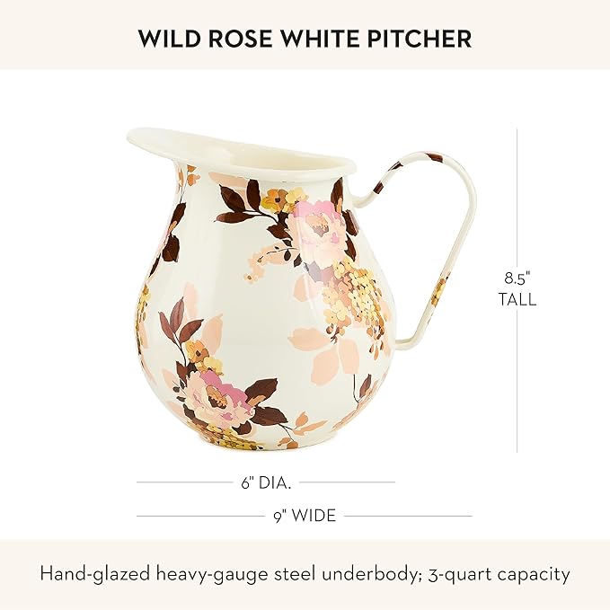 MACKENZIE-CHILDS Enamel Pitcher with Spout, Cute Water Pitcher, 3 Quarts, Wild Rose White