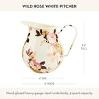 MACKENZIE-CHILDS Enamel Pitcher with Spout, Cute Water Pitcher, 3 Quarts, Wild Rose White