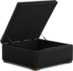 SIMPLIHOME Gabbie 36 inch Wide Contemporary Square Square Coffee Table Storage Ottoman in Midnight Black PU Black Faux Leather, Assembled, for The Living Room, Entryway and Family Room