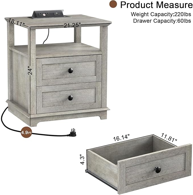 HIFYOBRO End Table with 2 Drawers and Charging Station, Type-C & USB Port & Power outlets, Wooden Storage Cabinet, Large Side Table with Storage for Living Room and Bedroom