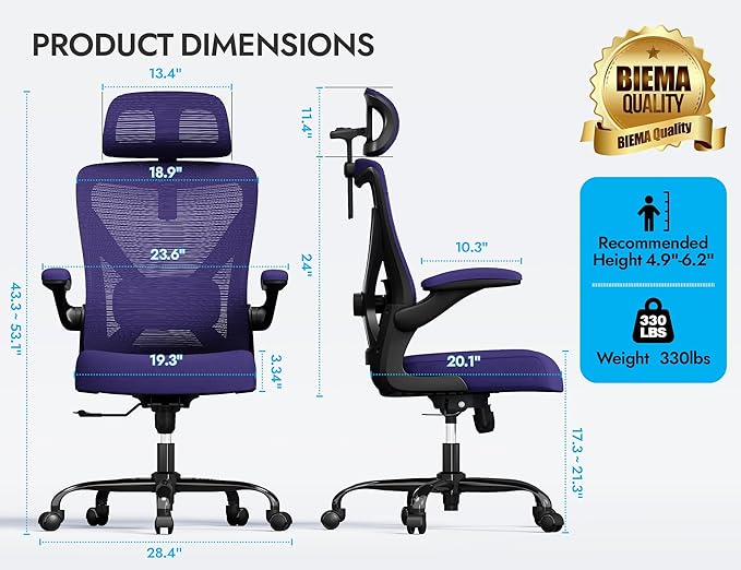 Office Chair - Ergonomic Office Chair with Back Support, Ergonomic Computer Chair - Home Office Desk Chairs, 330lbs Wide Seat Big and Tall Office Chairs with Headrest, Comfy Desk Chairs (Purple)