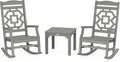 Martha Stewart by POLYWOOD Chinoiserie 3-Piece Outdoor Rocking Chair Set with Patio Side Table, Slate Grey, HDPE All-Weather Furniture, Classic Porch Rockers for Deck, Garden & Backyard, Made in USA
