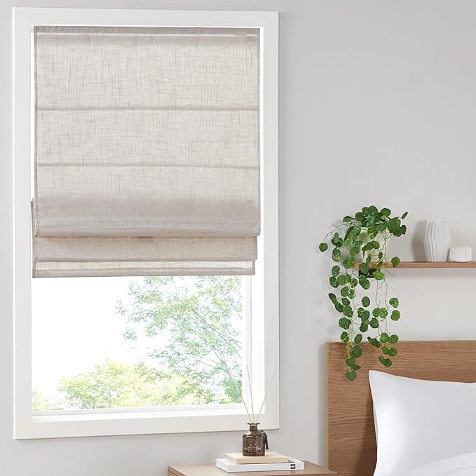 Madison Park Kyler Cordless Roman Shades - Single Panel, Lightweight Linen Blend Fabric, Natural Design, Easy Installation, Light Filtering Window Blind, Bedroom, Living Room Decor 27"W x 64"H Natural