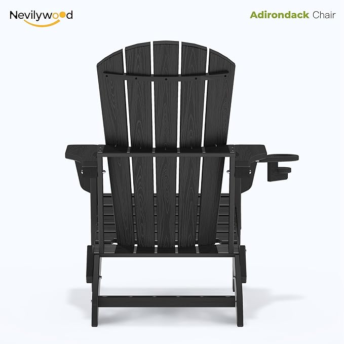 nevilywood Folding Adirondack Chair, Ergonomic Extended Backrest, HDPE All-Weather, 380lbs Capacity, Maintenance-Free, Cup Holder, （Black）- Outdoor Patio & Firepit Chair