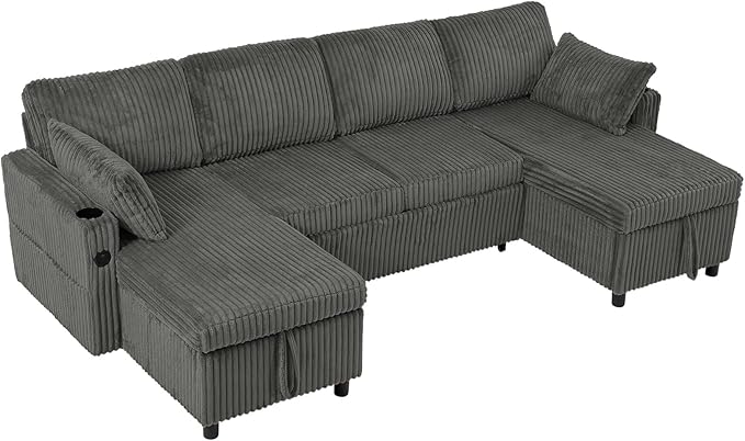 110" Corduroy Pull Out Sofa Bed w/Adjustable Backrests, Sectional U-Shape Sleeper Sofa w/Storage Chaise, Convertible Couch Bed w/USB Charging Port & Cup Holders for Living Room, House, Grey