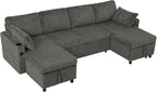 110" Corduroy Pull Out Sofa Bed w/Adjustable Backrests, Sectional U-Shape Sleeper Sofa w/Storage Chaise, Convertible Couch Bed w/USB Charging Port & Cup Holders for Living Room, House, Grey