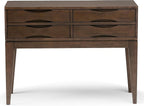 SIMPLIHOME Harper Console Table - 40 Inch Wide Solid Hardwood Sofa Table in Walnut Brown, Mid-Century Modern Storage Table for Entryway or Living Room with 4 Drawers, Notched Handles, and Tapered Legs