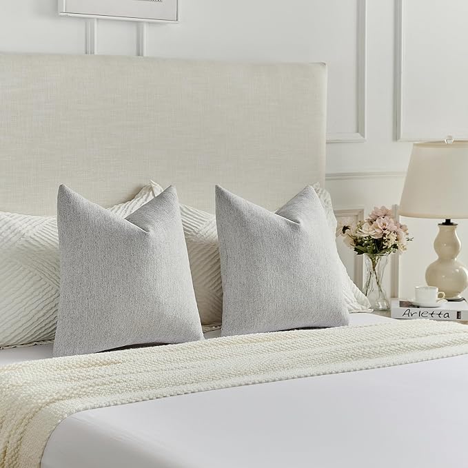 FUTEI Light Grey Chenille Decorative Throw Pillow Covers 20x20 Inch Set of 2,Soft Cozy Faux Linen Textured Cushion Case,Farmhouse Home Decor for Couch Living Room