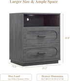 Night Stand Set of 2 with Charging Station, 25.8" Tall Wide Wood End Table with 2 Storage Drawers and Open Shelf, Mid Century Modern Bedside Table for Bedroom, Living Room, Gray