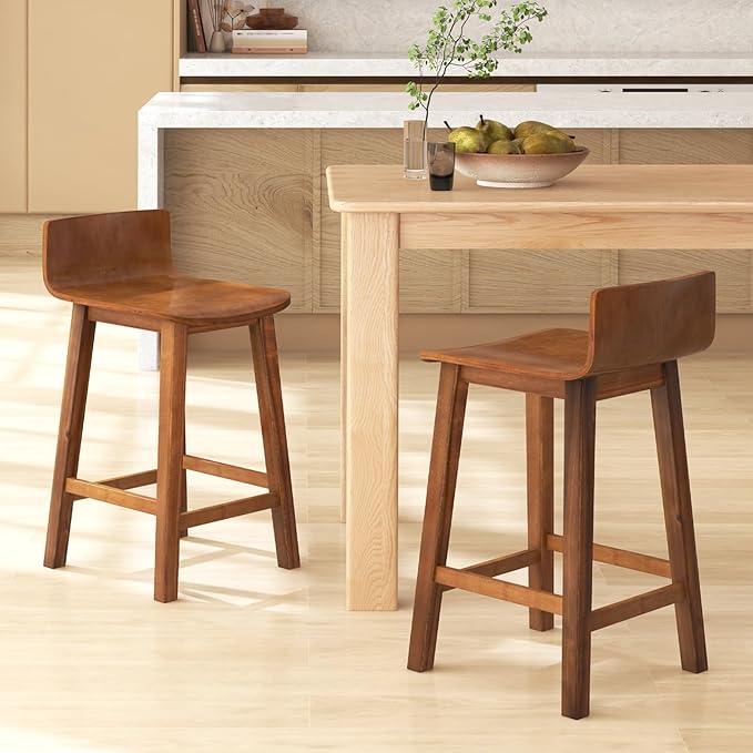 COSTWAY Solid Wood Bar Stools Set of 2, 24.5-inch Counter Height Chairs with Low Back and Footrest, Farmhouse Wooden Armless barstools for Kitchen Island, Dining Room, Cafe, Breakfast, Brown