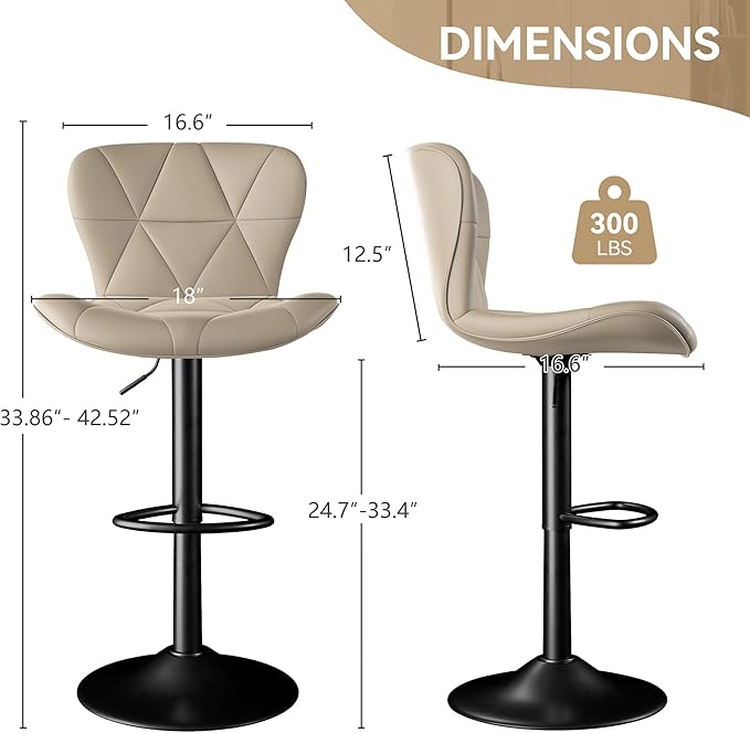 Bar Stools Set of 2,Adjustable Swivel Barstools, Faux Leather Bar Chairs,Upholstered Counter Height with High Backrest for Kitchen Island,Khaki