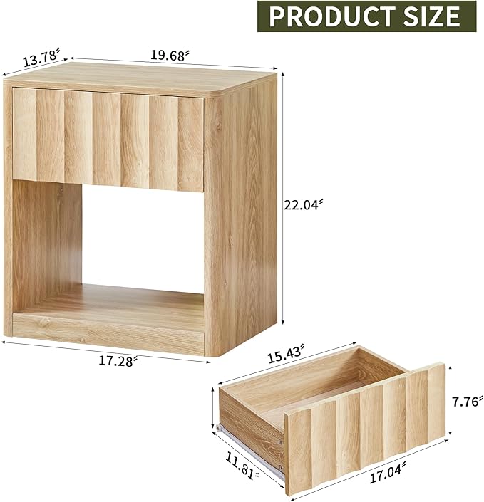 Fluted Dresser, Small Nightstands Set of 2, Natural Bedside Table with Drawer and Storage, Mid Century Modern Side Table for Bedroom Living Room Sofa