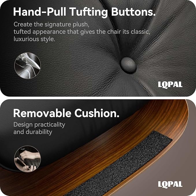 Top Black Grain Leather, Mid Century Chaise Lounge Chair and Ottoman, Modern Chair Classic Design, Walnut Wood, Heavy Duty Base Support for Living Room Study Lounge Office