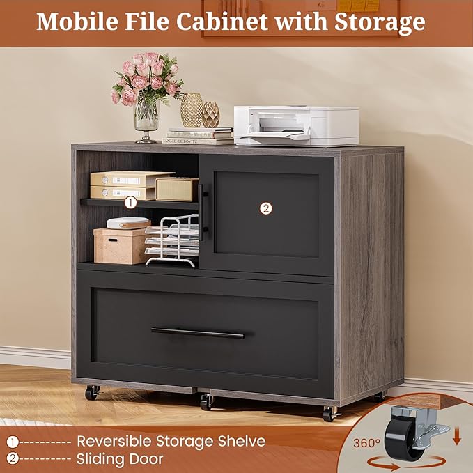 63" Executive Desk with Mobile File Cabinet, Large Office Desk with Drawer, Modern L Shaped Desk with Power Outlets, Storage Shelves, Corner Computer Desk Business Workstation Set (Grey)